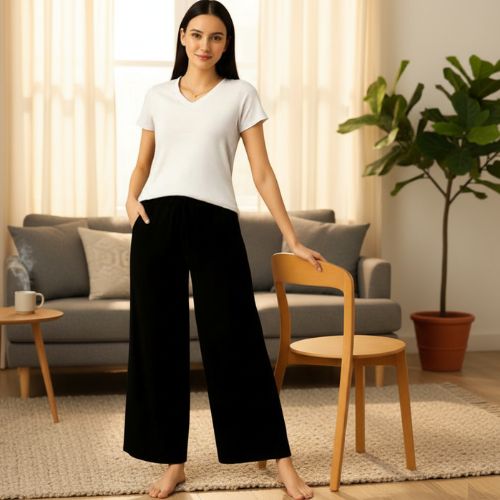 The Rayon Black Solid Women Wide Leg