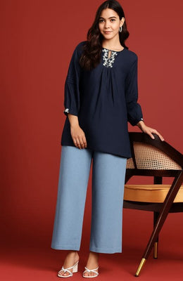 The Light Blue Solid Denim Women Wide Leg