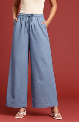 The Light Blue Solid Denim Women Wide Leg