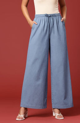 The Light Blue Solid Denim Women Wide Leg