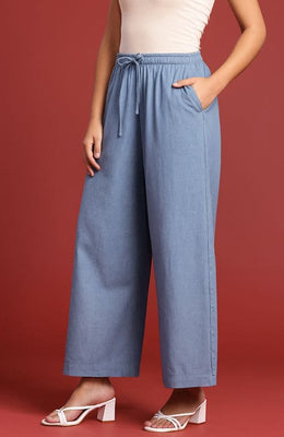 The Light Blue Solid Denim Women Wide Leg