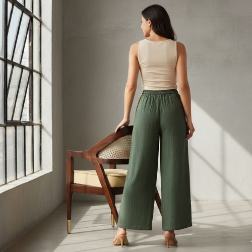 The Royal Olive Solid Cotton Women Wide Leg