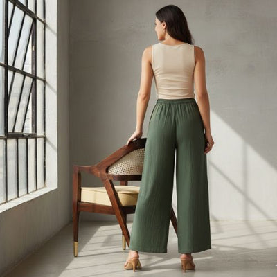 The Royal Olive Solid Cotton Women Wide Leg