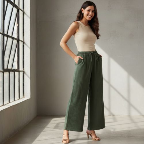 The Royal Olive Solid Cotton Women Wide Leg