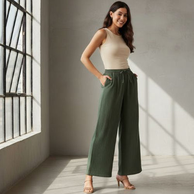 The Royal Olive Solid Cotton Women Wide Leg