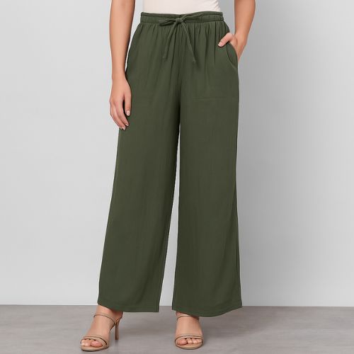 The Royal Olive Solid Cotton Women Wide Leg