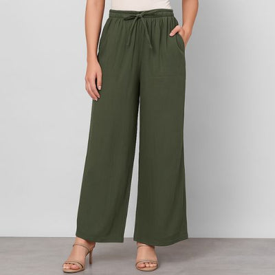 The Royal Olive Solid Cotton Women Wide Leg