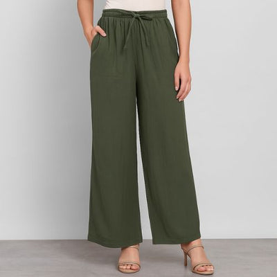 The Royal Olive Solid Cotton Women Wide Leg