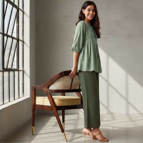 The Royal Olive Solid Cotton Women Wide Leg