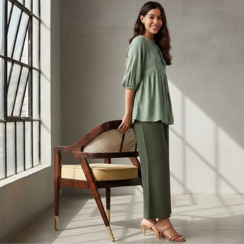 The Royal Olive Solid Cotton Women Wide Leg