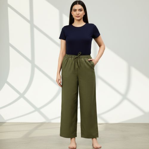 The Hunter Olive Cotton Twill Women Wide Leg Pant