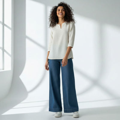 The Seersucker Cream Cotton V-Notch Neck Short Kurta