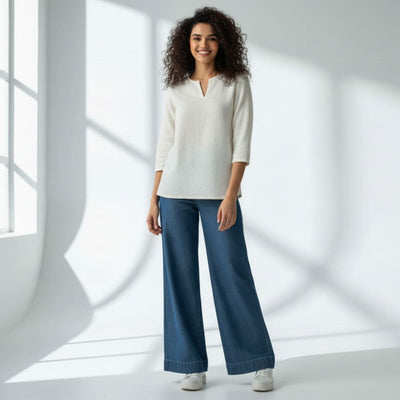 The Seersucker Cream Cotton V-Notch Neck Short Kurta