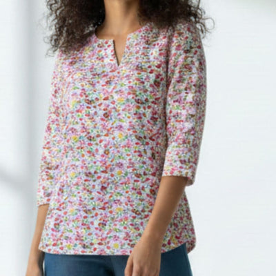 The Floral Print Cotton Poplin V-Notch Neck Short Kurta