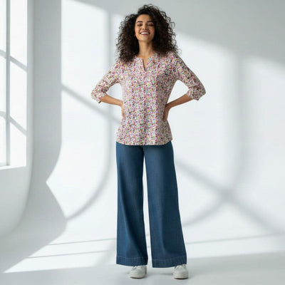 The Floral Print Cotton Poplin V-Notch Neck Short Kurta