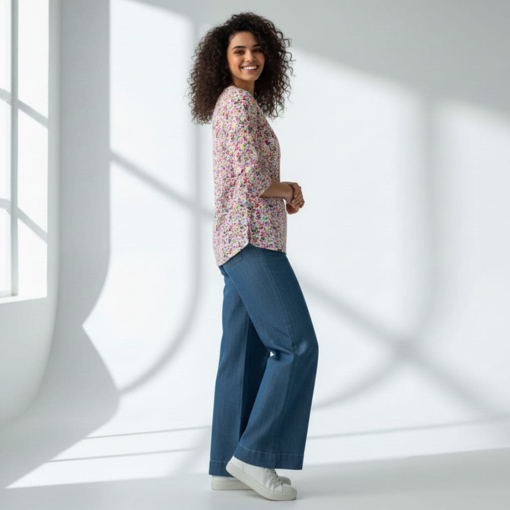 The Floral Print Cotton Poplin V-Notch Neck Short Kurta