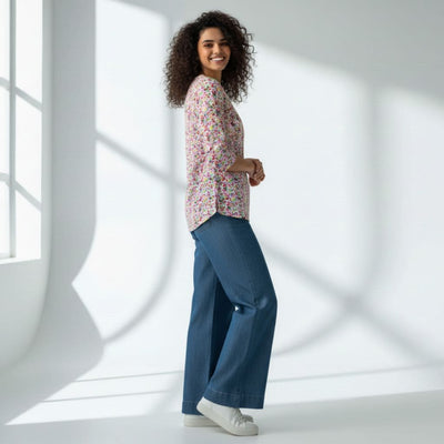 The Floral Print Cotton Poplin V-Notch Neck Short Kurta