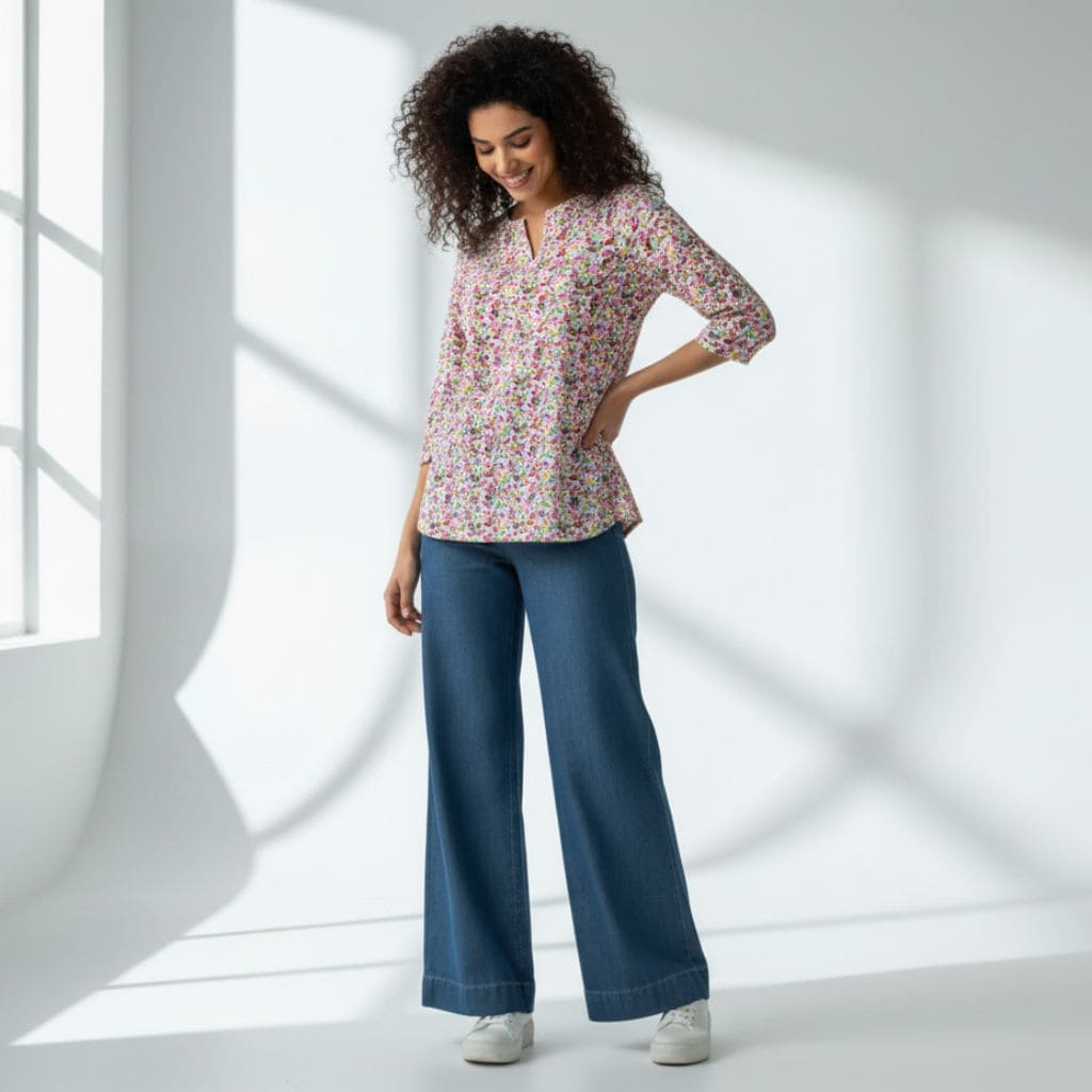 The Floral Print Cotton Poplin V-Notch Neck Short Kurta