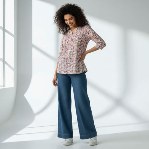 The Floral Print Cotton Poplin V-Notch Neck Short Kurta