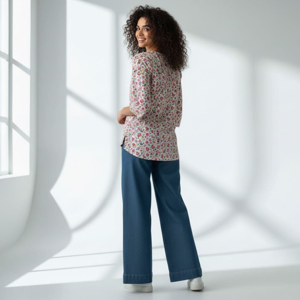 The Floral Print Cotton Poplin V-Notch Neck Short Kurta