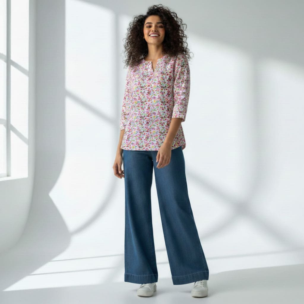 The Floral Print Cotton Poplin V-Notch Neck Short Kurta