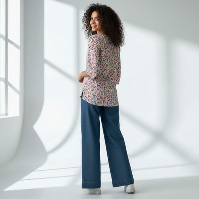 The Floral Print Cotton Poplin V-Notch Neck Short Kurta