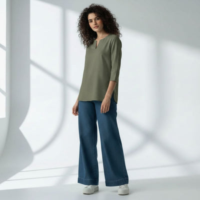 The  Olive Viscose V-Notch Neck Short Kurta