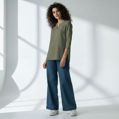 The  Olive Viscose V-Notch Neck Short Kurta