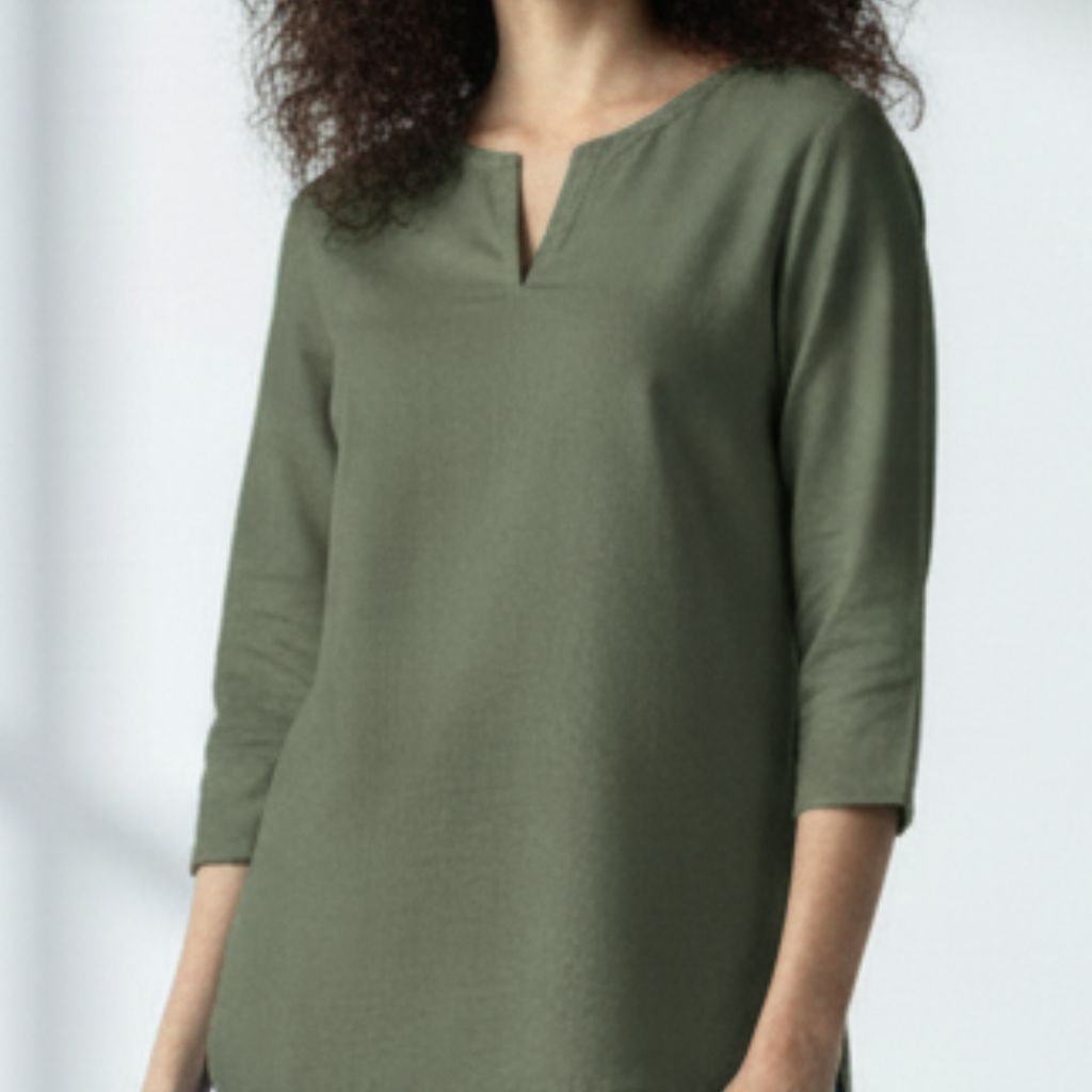 The  Olive Viscose V-Notch Neck Short Kurta