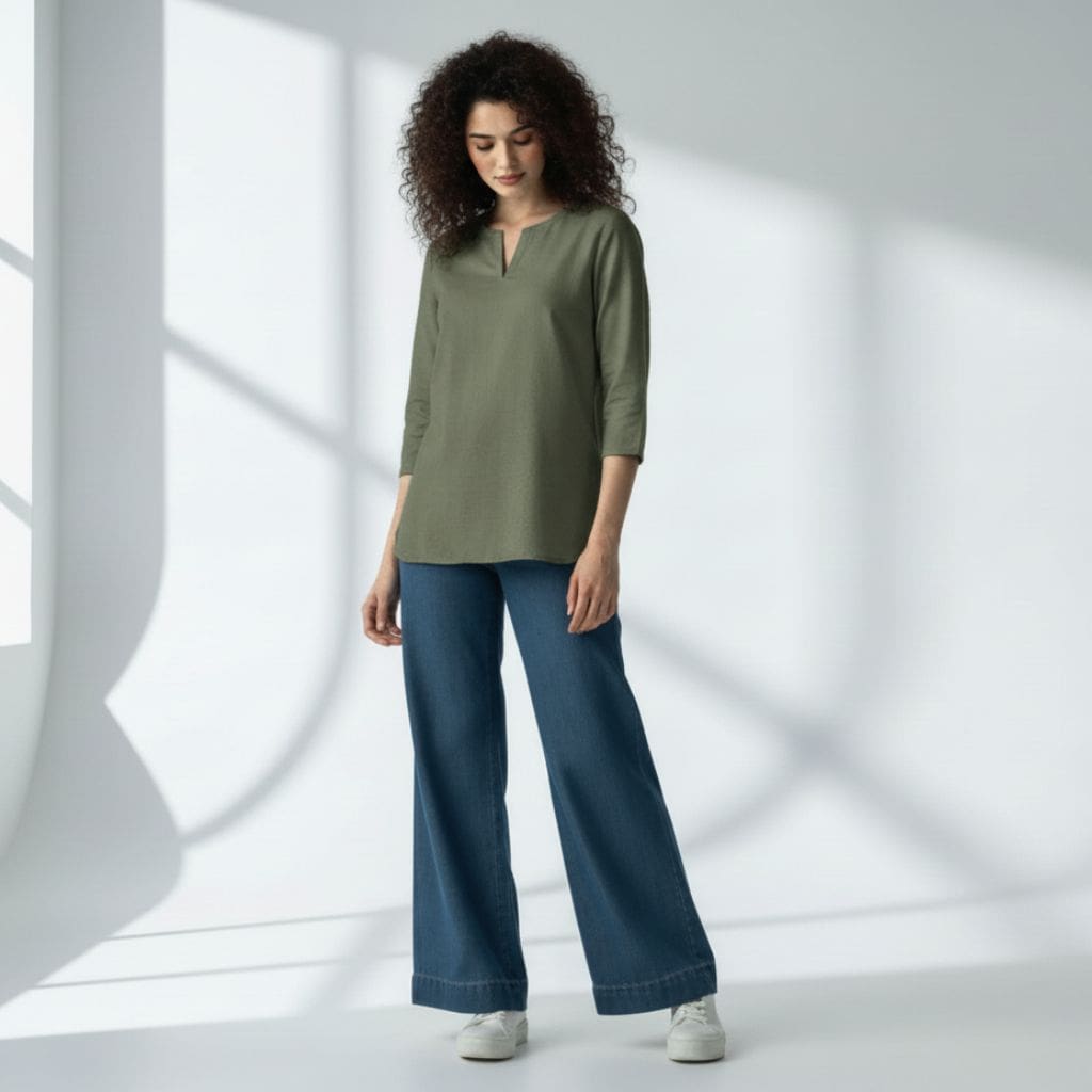 The  Olive Viscose V-Notch Neck Short Kurta