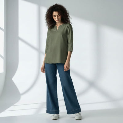 The  Olive Viscose V-Notch Neck Short Kurta