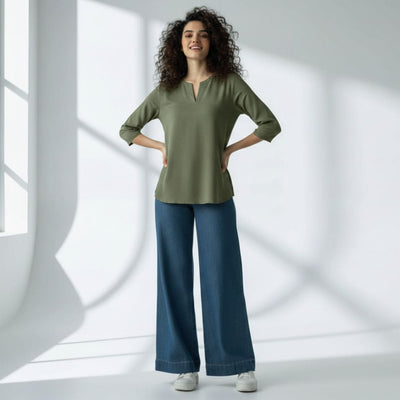 The  Olive Viscose V-Notch Neck Short Kurta