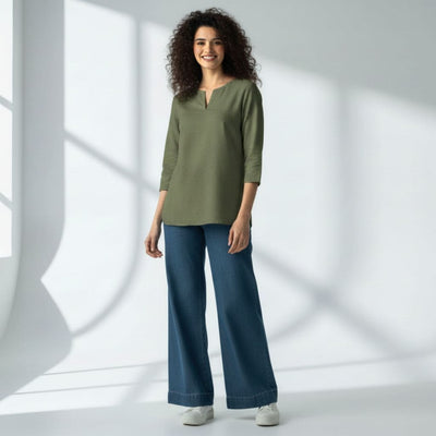 The  Olive Viscose V-Notch Neck Short Kurta