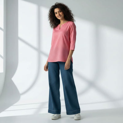 The Polka Pink Cotton Poplin V-Notch Neck Short Kurta