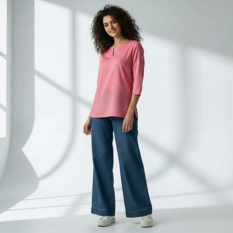 The Polka Pink Cotton Poplin V-Notch Neck Short Kurta