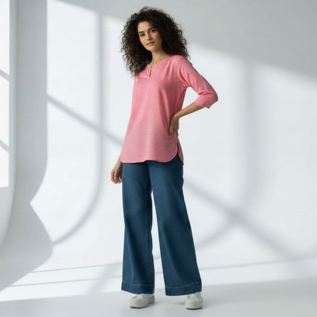 The Polka Pink Cotton Poplin V-Notch Neck Short Kurta