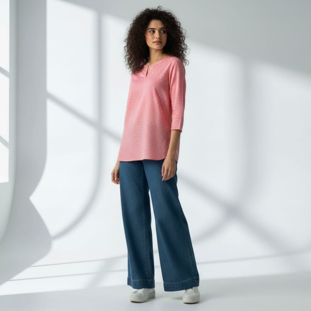 The Polka Pink Cotton Poplin V-Notch Neck Short Kurta