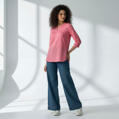 The Polka Pink Cotton Poplin V-Notch Neck Short Kurta