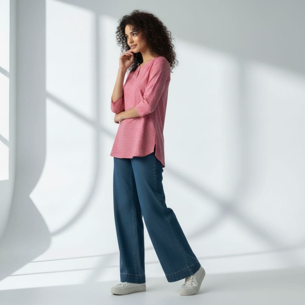 The Polka Pink Cotton Poplin V-Notch Neck Short Kurta