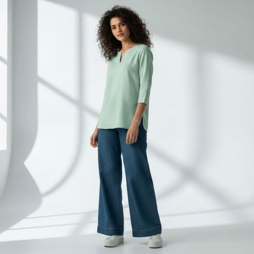 The Mint Cyan Viscose V-Notch Neck Short Kurta