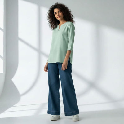 The Mint Cyan Viscose V-Notch Neck Short Kurta