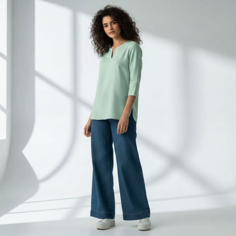 The Mint Cyan Viscose V-Notch Neck Short Kurta