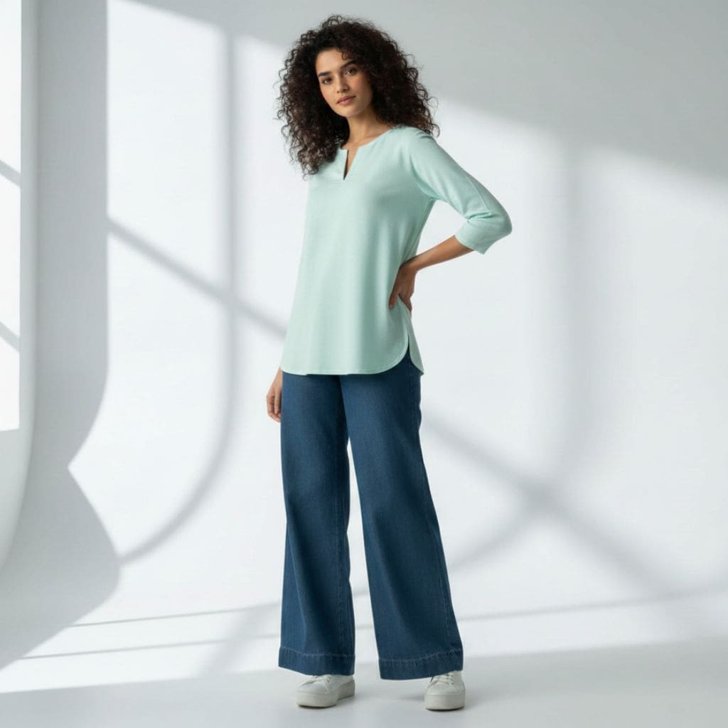 The Mint Cyan Viscose V-Notch Neck Short Kurta