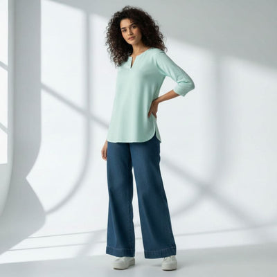 The Mint Cyan Viscose V-Notch Neck Short Kurta