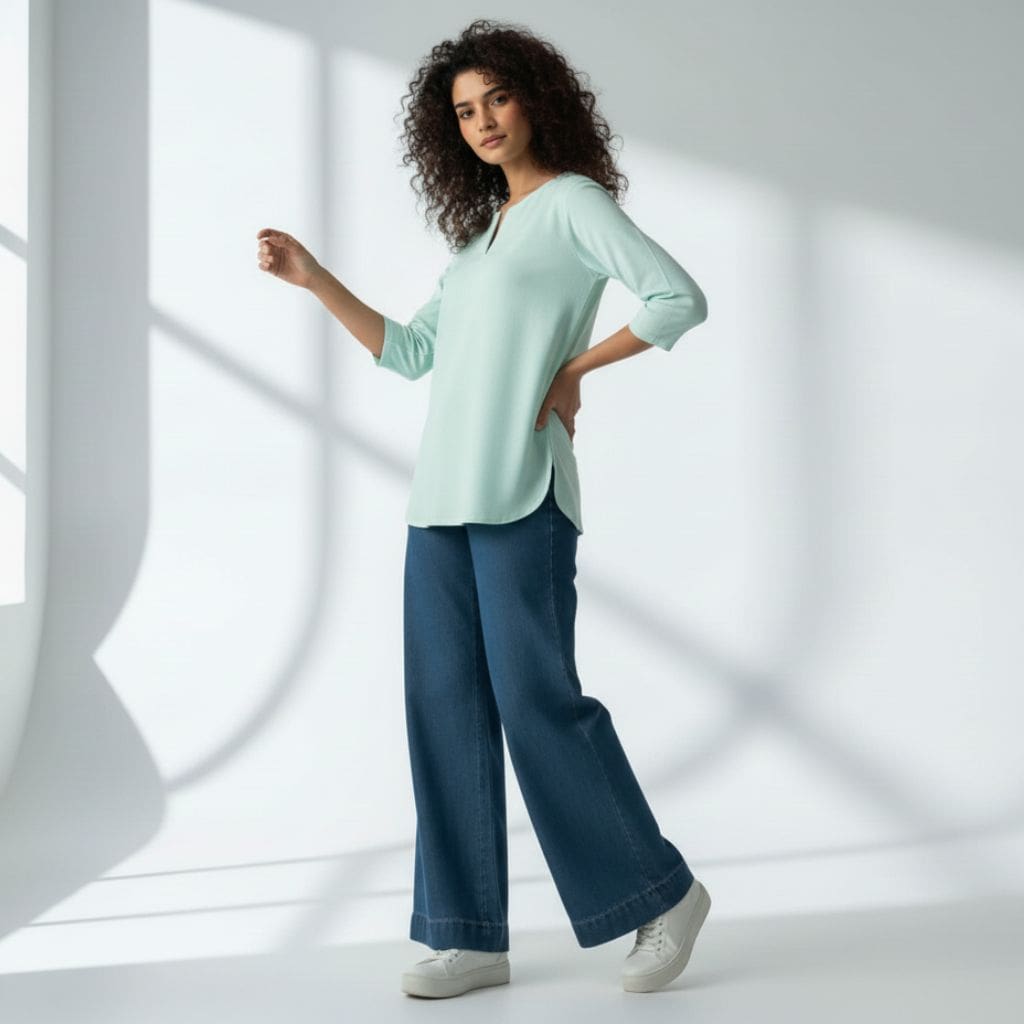 The Mint Cyan Viscose V-Notch Neck Short Kurta