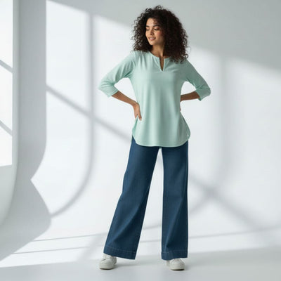 The Mint Cyan Viscose V-Notch Neck Short Kurta