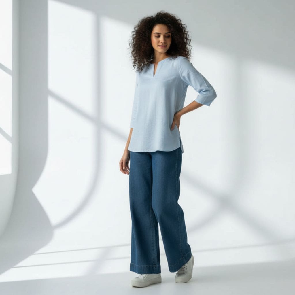 The Oxford Blue Cotton V-Notch Neck Short Kurta