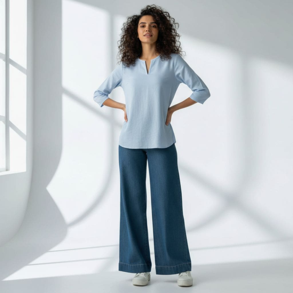 The Oxford Blue Cotton V-Notch Neck Short Kurta