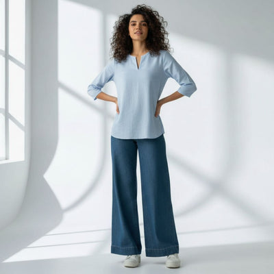 The Oxford Blue Cotton V-Notch Neck Short Kurta