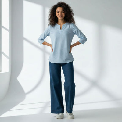 The Oxford Blue Cotton V-Notch Neck Short Kurta